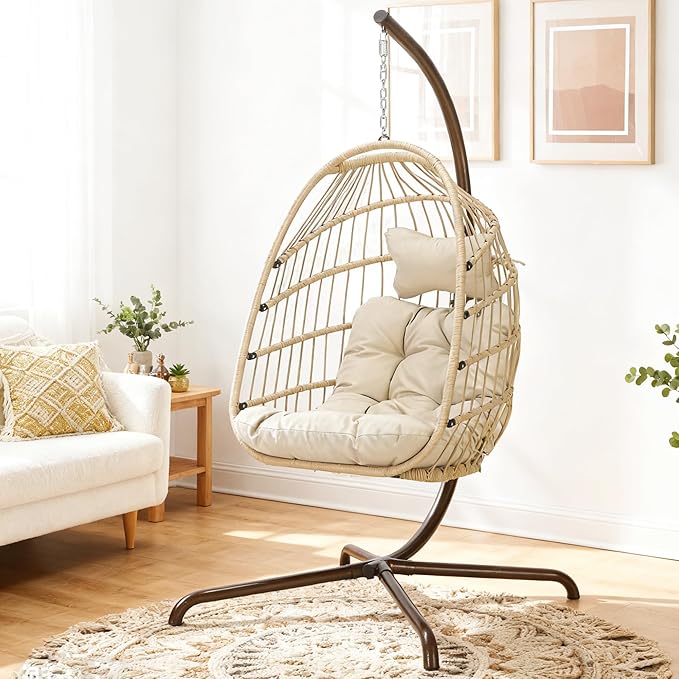 BLUEXYARD Indoor Egg Swing Chair with Stand and Cover, 350 Lbs Heavy-Duty Rattan Wicker Hanging Hammock with Cozy Cushion, Eggshell Basket Seat for Outdoor Patio Balcony Garden Bedroom, Beige