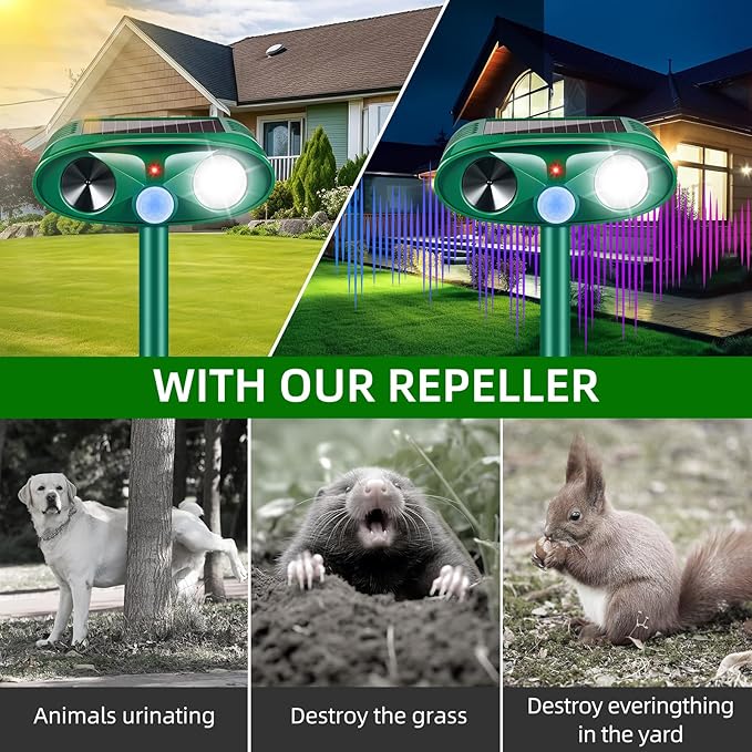 Upgraded Solar Deer Repellent Devices Ultrasonic Animal Repeller Outdoor with Motion Sensor & Flashing Light, Animal Deterrent Devices for Cat Squirrel Raccoon Dog Rabbit Skunk for Yard Garden, 2 Pack