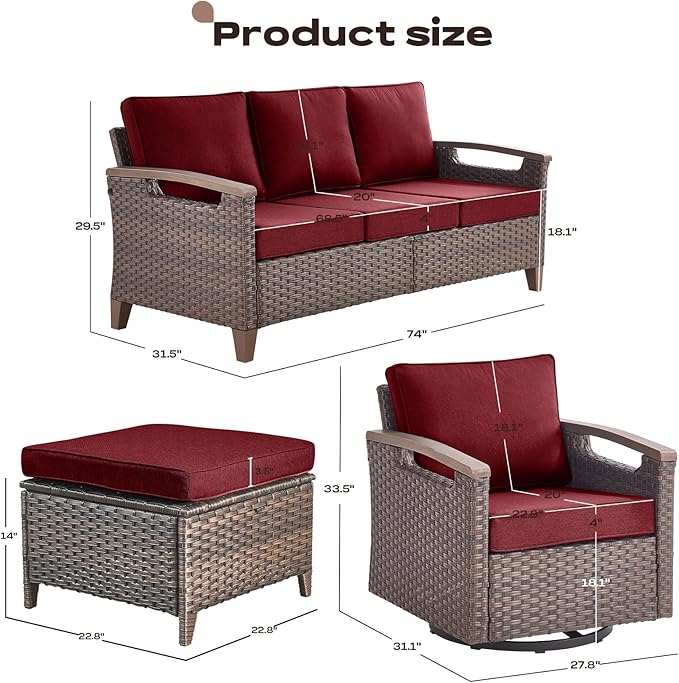 Rilyson Wicker Outdoor Patio Furniture Set - 5 Piece Patio Conversation Sets with Swivel Rocker Chairs, Ottomans and Sofa, Thick Cushions, Waterproof Wicker, for Porch Deck Brown/Red