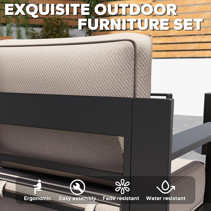 79" Aluminum Patio Sofa - All Weather Outdoor 3-Seat Sofa Couch with 6" Water-Resistant Cushions & Rectangular Framed Metal Armrest & Sofa Cover for Garden Porch (Beige)