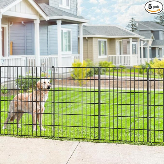 Metal Garden Fence 40in (H) x 11.7ft (L), 5 Panels + 6 Stakes Dog Fence Border Fence Animal Barrier, No Dig Garden Fencing for Yard Flower Bed Lawn Patio Outdoor, PIN402805 Black