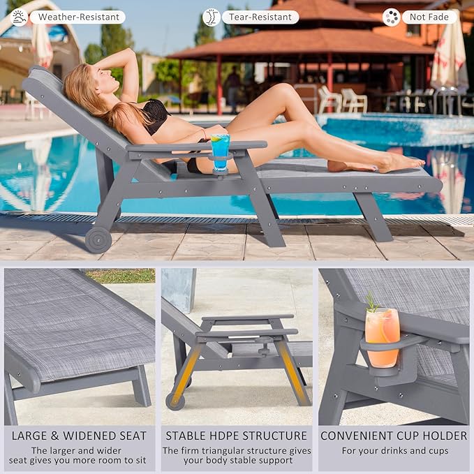 Outdoor Chaise Lounge Chair with Table, 5-Position Adjustable Patio Lounge Chair with Wheels & Cup Holder, HDPE Pool Lounge Chair for Outside, Poolside & Beach (Grey)