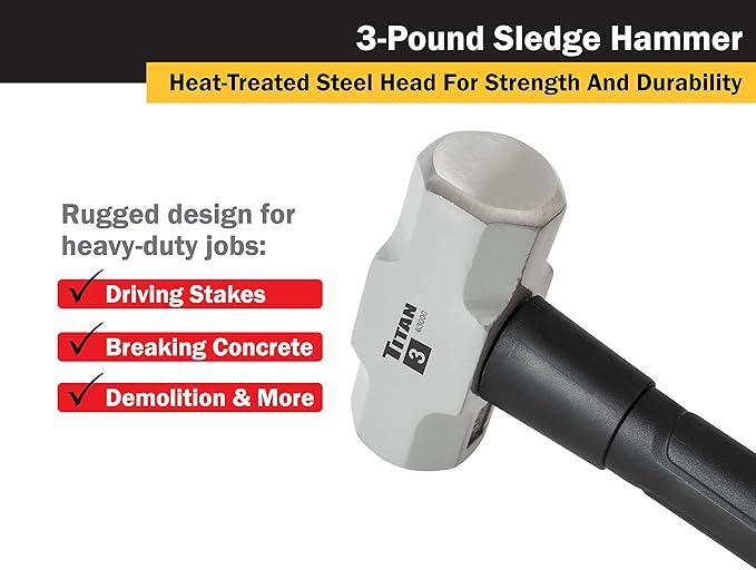 Titan 63000 3lb Sledge Hammer, Forged Steel Head, Overstrike Protection, Sledgehammer with 16" Shock Absorbing Fiberglass Handle with Textured Grip