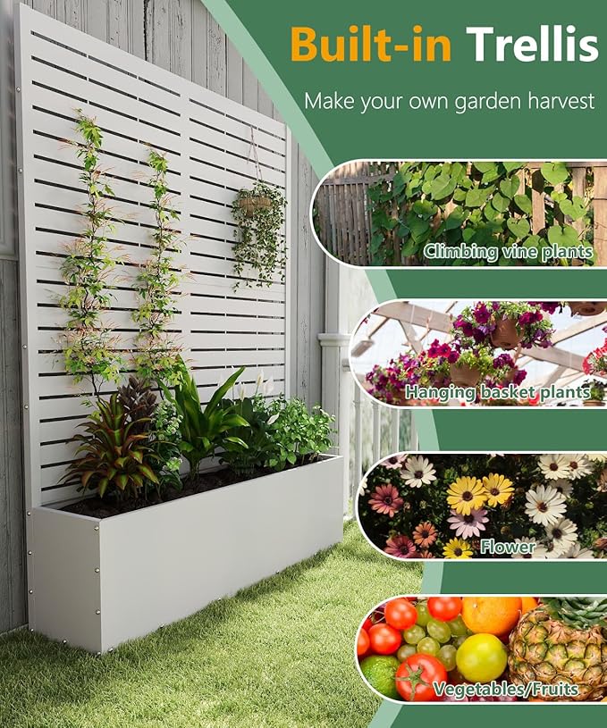 2PCS Metal Planter Box with Trellis,70.9"x47.2"x15.7" Raised Garden Bed with Drainage Holes, Privacy Planters for Outdoor Garden Bed for Climbing Plants,Vegetables,and Vines, White-louvered