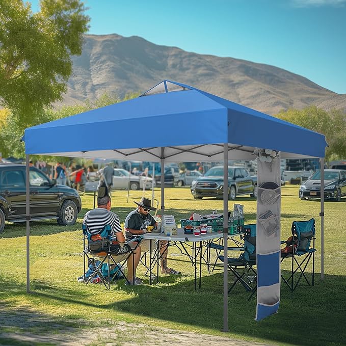 MFSTUDIO Pop Up Canopy Tent, 10x10 Canopies Outdoor One Person Push Set Up Tent Instant Portable Shelter Tents with Vented Top, Storage, 4 Sandbags, Beach Canopy,Blue