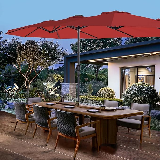 wikiwiki 15ft Large Patio Umbrellas with Base Included, Outdoor Double-Sided Umbrella with Crank Handle, Powerful UV Protective, for Pool Lawn Garden, Red