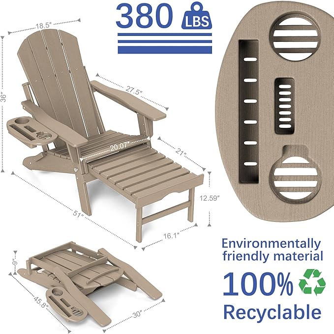 FOOWIN Adirondack Chair with Retractable Ottoman,HDPE Folding Adjustable Adirondack Chair w/4 in 1 Cup Holder Trays,All-Weather Resistant Fire Pit Chair for Outdoor Patio Lawn Set of 6
