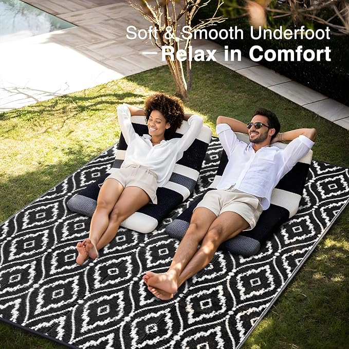 OLANLY Outdoor Rug 6x9 ft Waterproof, Outdoor Plastic Straw Rug with Geometric Pattern Clearance, Reversible RV Mat for Patio, Camping, Balcony, Deck, Backyard, Black & White