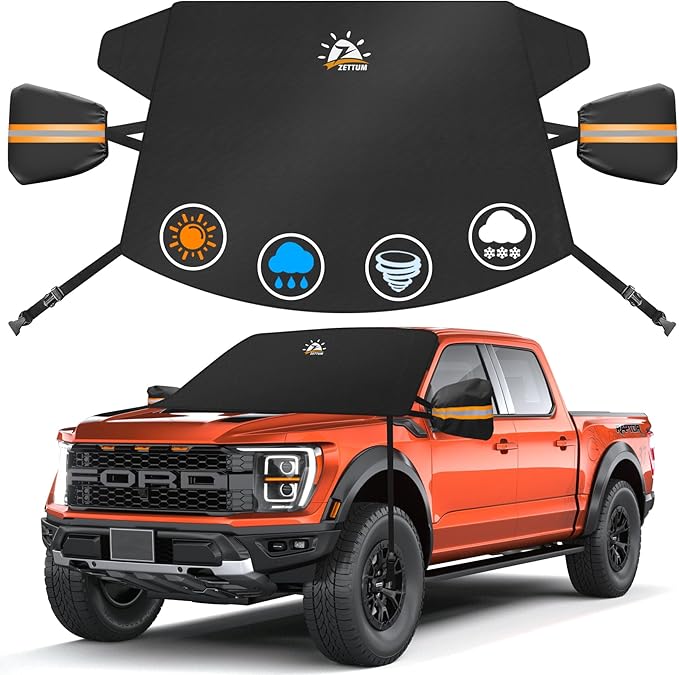 Zettum Car Windshield with Tow Mirror Cover - 600D Windshield Cover for Ice and Snow Windproof & Heavy Duty, Winter Frost Hail Protector for Pickup, Truck, SUV, Van and MPV with Large Mirror Models