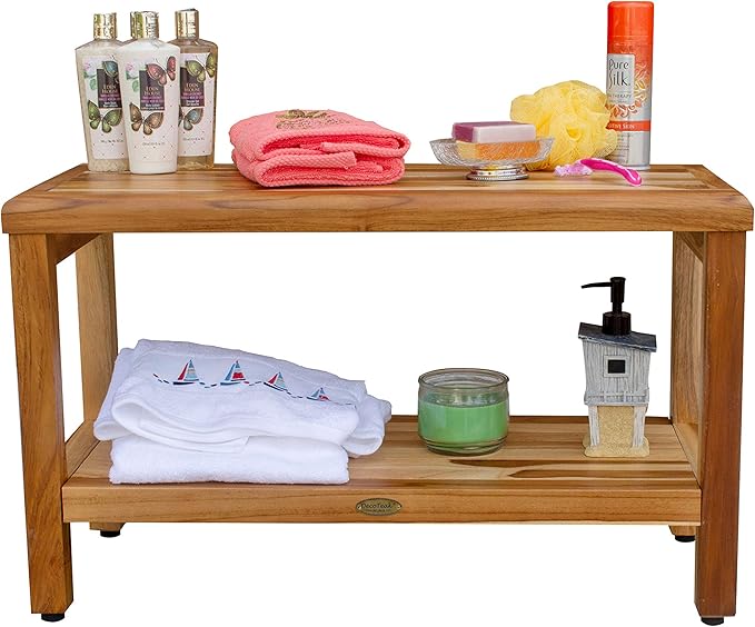 EcoDecors Eleganto 30 Inch Natural Color Waterproof Teak Wood Shower Bench Stool Seat Chair For Inside Shower Provides Safety, Storage, and Organization For Bathroom Accessories