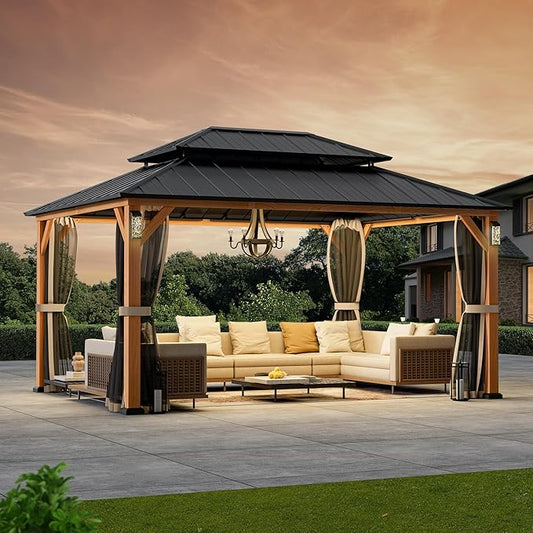 Modern Shade The Horizon Hardtop Gazebo 12' x 16' with 4 LED Lights, Permanent Outdoor Gazebo with Galvanized Steel Double Roof, Grill Pavilion with Decor Hooks, Mosquito Nettings, Wood Grain