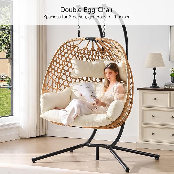 ONBRILL Double Hanging Egg Chair with Stand, Bohemian Knot Style Hammock Swing Chair, Foldable Basket & Denser Weaves, 650 Lbs Capacity Loveseat with UV Resistant Cushion for Patio, Backyard (Beige)