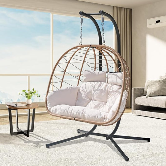 Double Hammock Egg Chair 2 Person Egg Chair Indoor Outdoor Swing with Stand Patio Wicker Hanging Chair Widened and Enlarged for Balcony Bedroom Porch Adults Kids