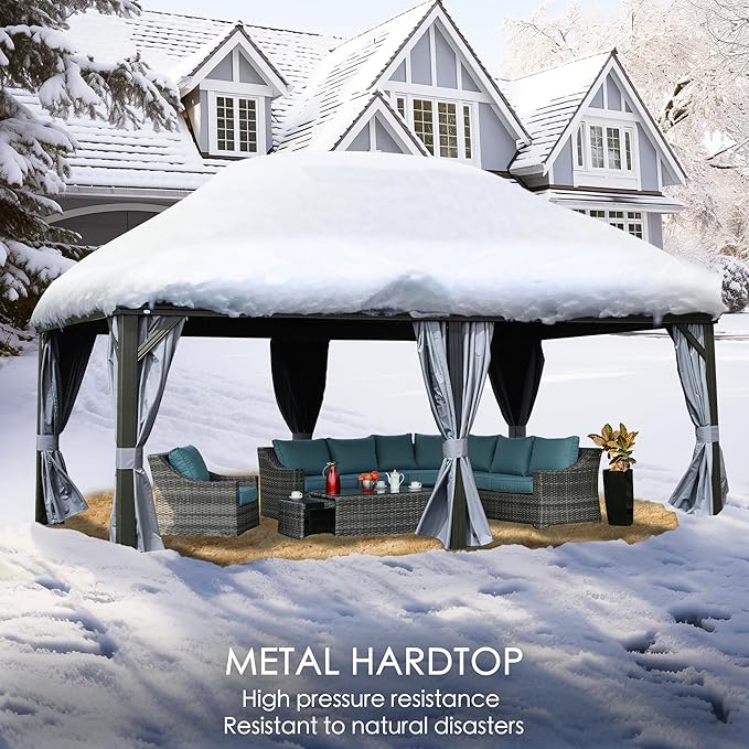 Kozyard Alexander 12' X 18' Hardtop Permanent Aluminum Metal Gazebo with Galvanized Steel Double Roof Canopy, Curtain and Netting Pavilion for Patio, Backyard, Deck, Lawn (Gray)