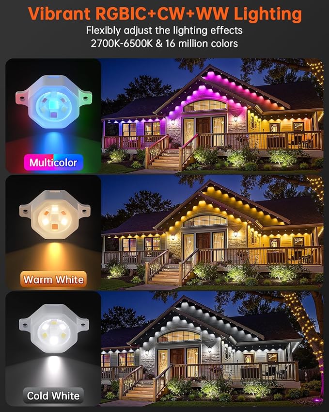 YAYZA! Permanent Outdoor Lights Pro,150ft 108 LED Smart RGB+IC+Warm/Cool White Christmas Eave Lights, 135lm, Music Sync & DIY Scenes, IP67 Waterproof for Outside Decor Works with Alexa,Google, Remote