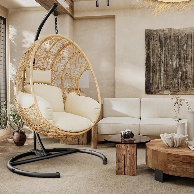 Oversized Hanging Egg Chair Outdoor Wicker Swing Chair with Stand Rain Cover UV Resistant Cushion 400lbs Capacity for Patio, Garden and Balcony