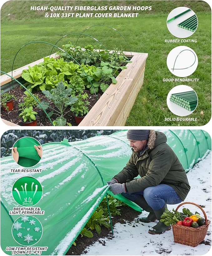 10ft x 50ft Plant Frost Protection Cover, 1.3 oz/yd² Reusable Freeze Blanket with 36 Hoops & 12 Stakes, Garden Greenhouse Tunnel for Winter Snow, Frost & Pest Protection on Outdoor Raised Beds