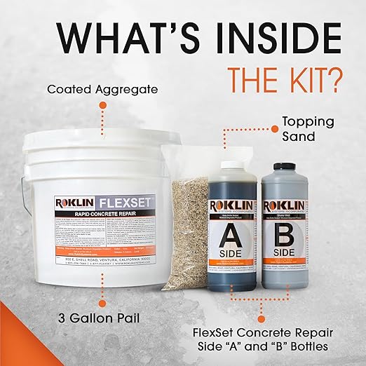 Roklin Systems Inc. FlexSet Rapid Concrete Repair Kit - Self-Leveling Epoxy Cement for Driveways, Foundations, Large Cracks, and Outdoor Repairs - Gray (3 Gallon)