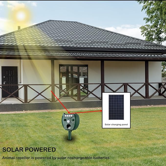 Ultrasonic Animal Repellent Outdoor, Solar Powered Deer Squirrel Skunk Rabbit Rodent Dog Deterrents Animal Repeller for Garden Farm Outdoor, Animal Deterrent with Motion Detection Waterproof for Yard