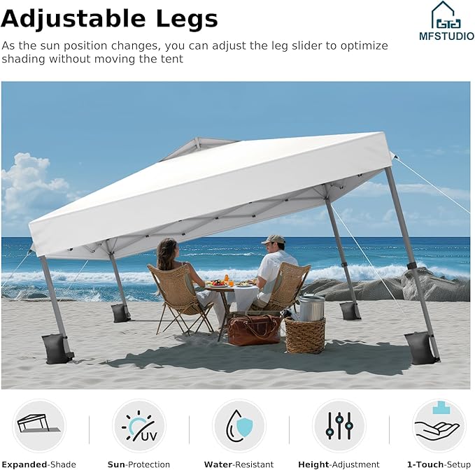 MFSTUDIO Pop Up Canopy Tent, 10x10 Outdoor Canopies One Person Push Set Up Tent Instant Portable Shelter Tents with Vented Top, Storage, 4 Sandbags, Beach Canopy,White