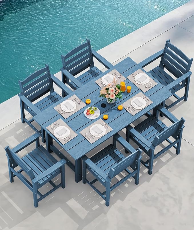 SERWALL Outdoor Dining Set for 6, HDPE Outdoor Furniture with Umbrella Hole & 1 Cushioned Bench & 4 Outdoor Dining Chairs, Blue