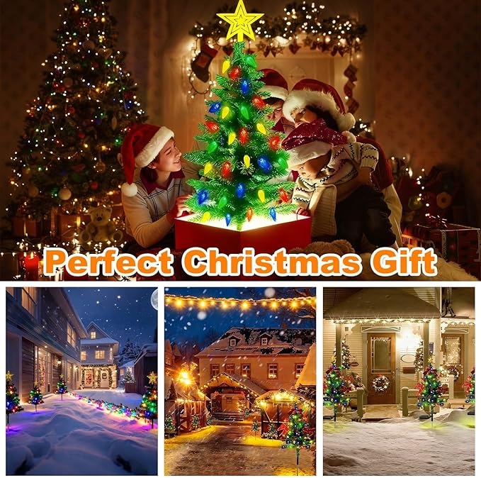 2-Pack Solar Christmas Tree, IP44 Waterproof Colorful Garden Stake Lights Christmas Decorations with 8 Lighting Modes 100 LED Beads for Porch, Pathway, Yard, Cemetery