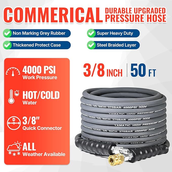 YAMATIC Pressure Washer Hose 50 FT, 5/16" Non-Marking Hot Water Use, 4000 PSI Steel Wire Braided Rubber Jacket – Replacement Power Washer Hose for Commercial Use