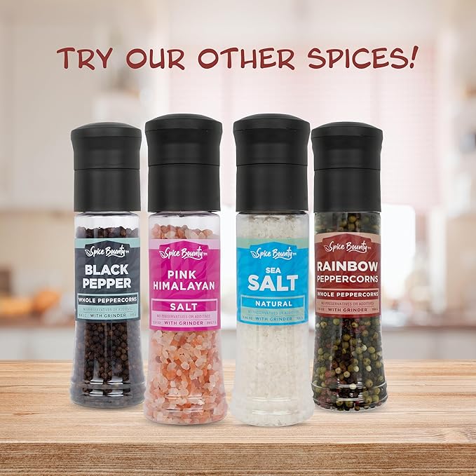 Spice Bounty - Whole Black Peppercorns with Grinder 5.8 oz | Adjustable Pepper Mill, Freshly Ground Pepper, Natural Seasoning Spice
