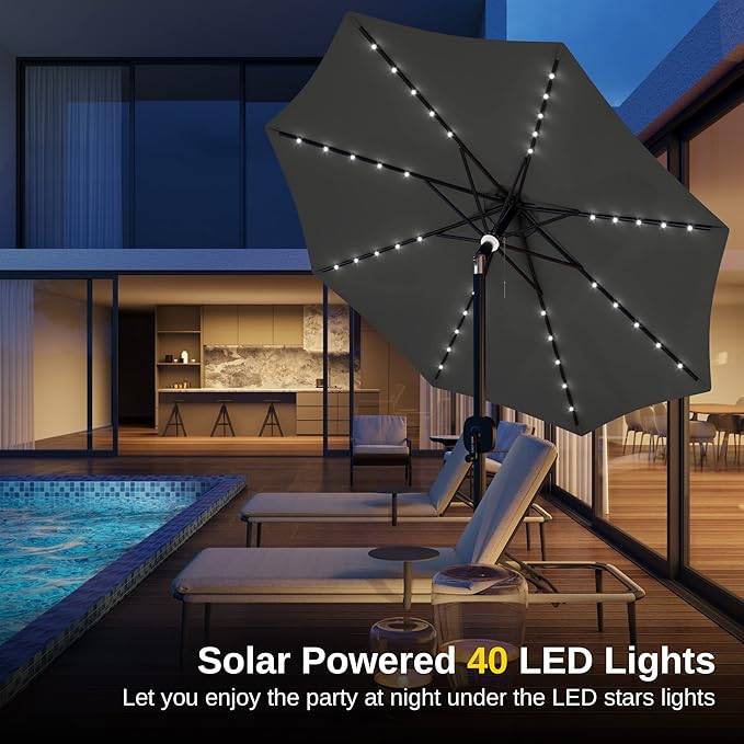 EAST OAK Patio Umbrella, 9 ft Outdoor Table Umbrella with 40 LED Solar Lights and 8 Ribs, 1.9inch Aluminum Pole, UPF 50+ Fade Resistant and Push Button Tilt for Deck and Poolside, Mountain Gray