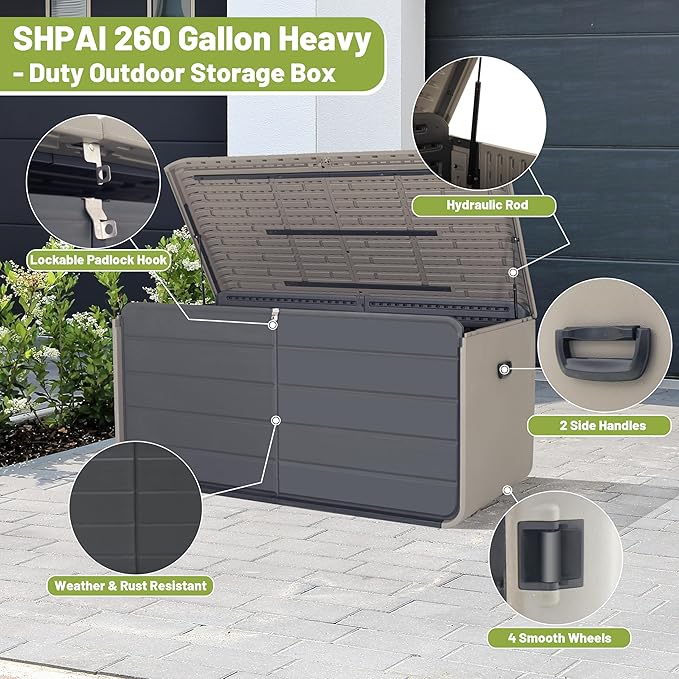 Resin Deck Box 260 Gallons, Extra Large Heavy-Duty Outdoor Storage Box, Lockable & Waterproof Patio Outside Storage Box for Patio Furniture, Garden Tools, Pool Supplies