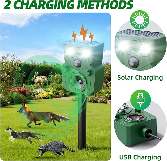 2025 Upgraded Solar Powered Animal Repeller 2 Packs, Ultrasonic Solar Powered Deer Repellent for Outdoor Yard Lawn Repel Squirrel Raccoon Cat Deterrent with Motion Sensor & Flashing Light (2, Green)