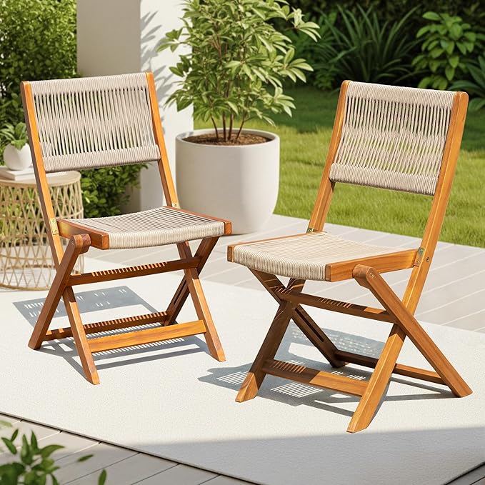 IDZO Wood Rope Design Bistro Chairs, Folding Patio Set of 2 Chairs – Heavy-Duty 400lbs Capacity Outdoor Seating for Balcony, Garden, or Porch