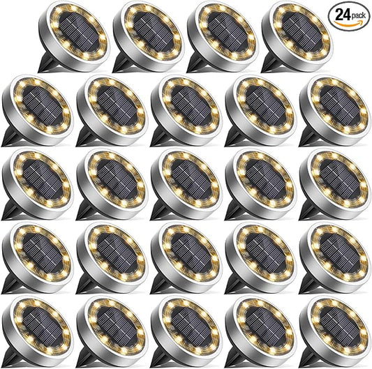 Solar Ground Lights,24 Pack Flat Solar Light Outdoor Waterproof, Bright LED Solar Disc Lights, 3000K Warm White Landscape Lighting for Outside Yard Garden Pathway Driveway Lawn