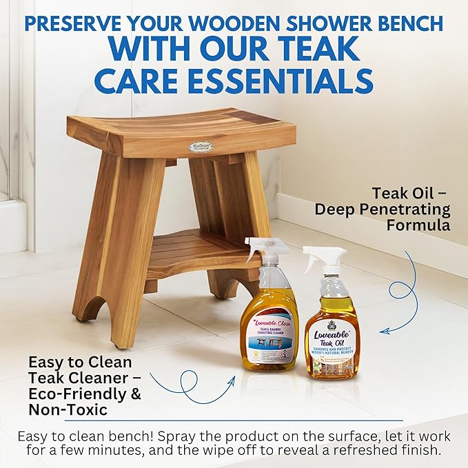 EcoDecors Teak Shower Bench with Shelf 18", 300 lb Capacity – Fully Assembled Waterproof Wood Spa Seating for Adults - Compact Fit for Small Bathrooms & Walk-in Showers - Slip-Resistant Feet