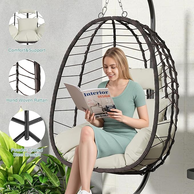 Hanging Egg Chair with Stand, Swinging Egg Chair Outdoor Indoor, Hanging Basket Chair with Cushion, Patio Wicker Hammock Chair 350lbs Capacity for Bedroom, Porch, Balcony, Backyard, Garden (Beige)