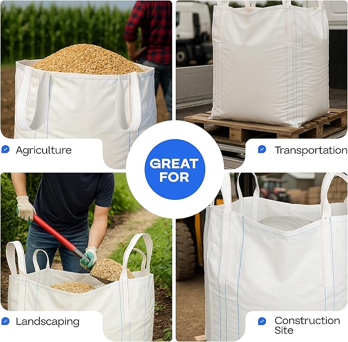 Bulk Construction Bags 35"Lx35"Wx50"H, 5-Pack - USA-Made Open Top, Flat Bottom Bulk Bags 2200 lbs Load Capacity - Heavy-Duty Super Sack for Handling Sand, Gravel & Demolition Debris by IDL Packaging
