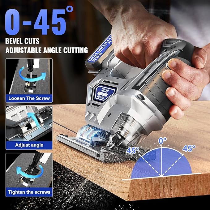 Ecarke Cordless Jigsaw Compatible with Dewalt 20V, Brushless Motor, Variable Speed, LED Light, 0°-45° Bevel Cuts, 3-Position Orbital Action for Cutting (With 5Ah Battery & Charger Station Kit)