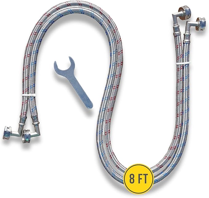 Washing Machine Hoses (8 FT) - Double 90° Elbow to Fit Tight Spaces - OCTAGON Connections for Easy & Secure Tightening - Burst Proof Water Supply Line (2 Pack) - Universal Fit to All Wash Machines