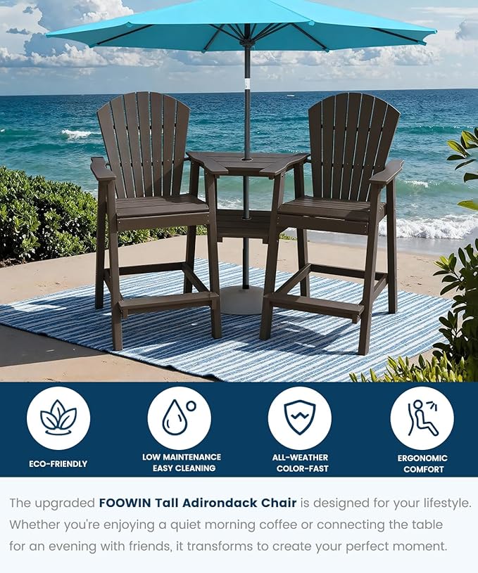 FOOWIN Tall Adirondack Chair Set of 2, All Weather HDPE Bar Height Adirondack Chair with Double Connecting Trays, Adirondack Barstools for Balcony, Deck, Backyard, Patio, Garden Walnut