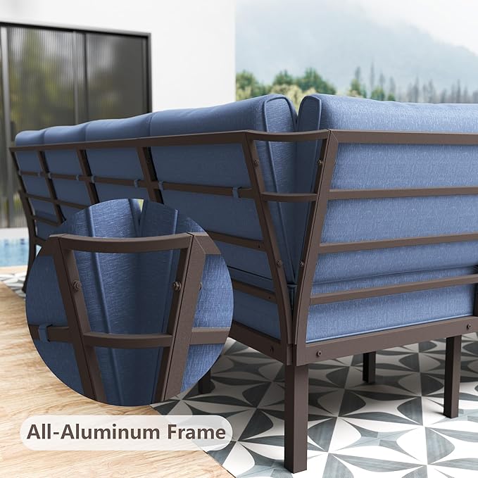 10-seat Aluminum Patio Furniture Set, L-Shaped Sectional Sofa with 5.1" Cushions, High Backrest & 2 Footstools, Durable Outdoor Patio Furniture Set, Backyard, Poolside - Blue