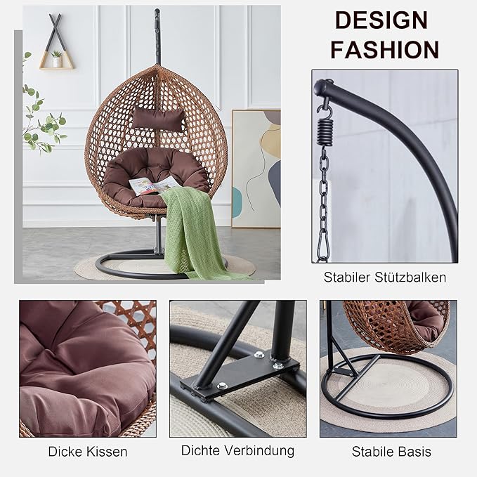 Hanging Egg Chair with Stand, Egg Swing Chair with Stand Indoor Outdoor, Brown Wicker Swing Egg Chair for Adults, Hammock Chair with Comfortable Cushion and Stable Round Metal Base for Bedroom Patio