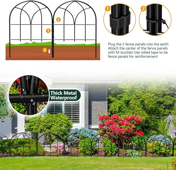 Small Garden Fence Animal Barrier, 12.55"*16.53" Decorative Fence Panel, No Dig Fences Barrier, Arch 19 Pcs Black Metal Fencing, Garden Border Edging Fences, Dog Fencing Blocker for Yard, Flower Bed