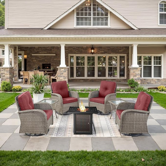 Belord 7-Piece Modern Gray Wicker Patio Conversation Set - 4 Swivel Glider Chairs & 50,000 BTU Propane Fire Table