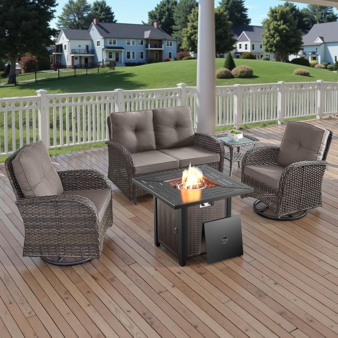 Belord 5 Piece Outdoor Patio Furniture Set with 50000 BTU Propane Fire Pit Table, Deep Seating Wicker Swivel Rocker Chairs and Loveseat Glider Patio Conversation Set for Poolside Deck Backyard Grey