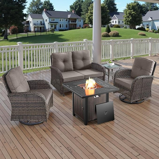 Belord 5 Piece Outdoor Patio Furniture Set with 50000 BTU Propane Fire Pit Table, Deep Seating Wicker Swivel Rocker Chairs and Loveseat Glider Patio Conversation Set for Poolside Deck Backyard Grey