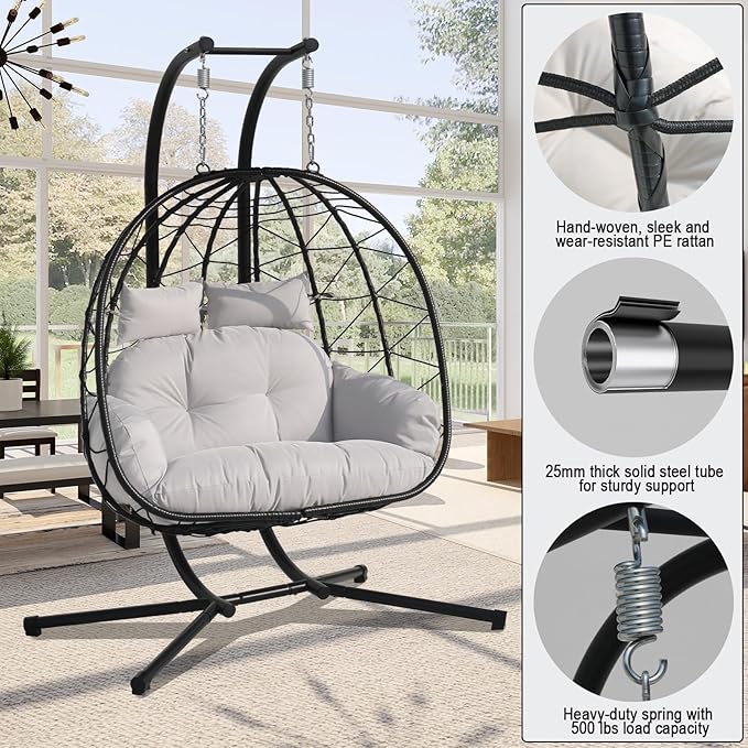 Double Hammock Egg Chair 2 Person Egg Chair Indoor Outdoor Swing with Stand Patio Wicker Hanging Chair Widened and Enlarged for Balcony Bedroom Porch Adults Kids