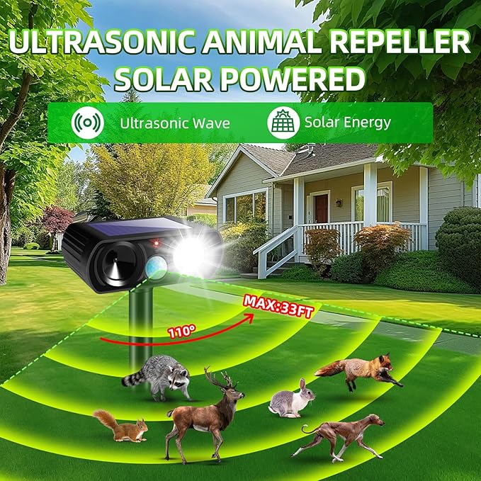 2025 Solar Ultrasonic Racoon Fortress Pro, Deer Cat Repellent Devices Animal Repeller Squirrel Rabbit Deterrent Outdoor with Motion Sensor&Flash Light to Scare Dog Skunk Out of Garden Farm Yard(4Pack)