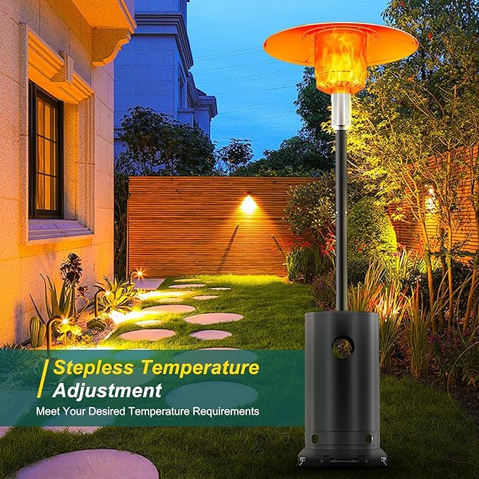 48000BTU Outdoor Propane Patio Heater with Wheels, Triple Safety Protection, Stainless Steel Burner, Includes Round Table for Porch, Camping, Backyard Use, Gray