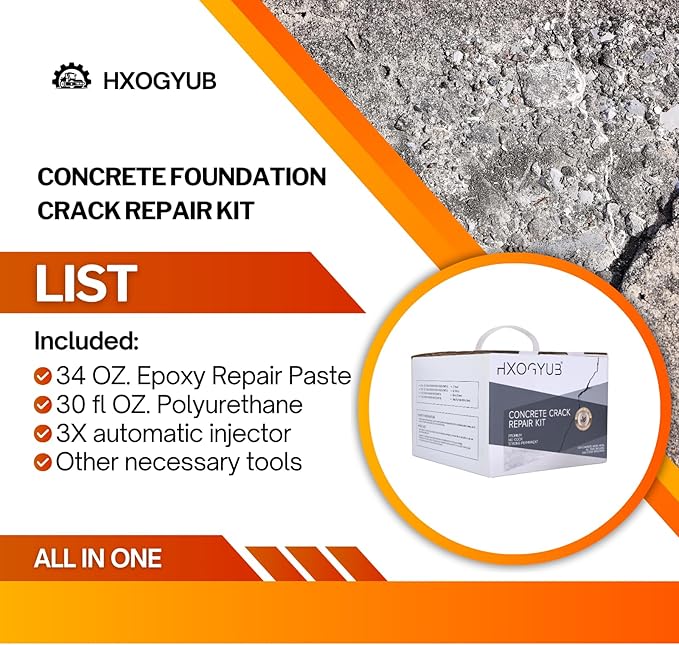 Concrete Foundation Crack Repair Kit, with Automatic Injector, High Performance, for Wall Cracks, Stops Water Leaks & Radon Gas, Drill-Free, Quick-Setting Waterproof Sealing Solution