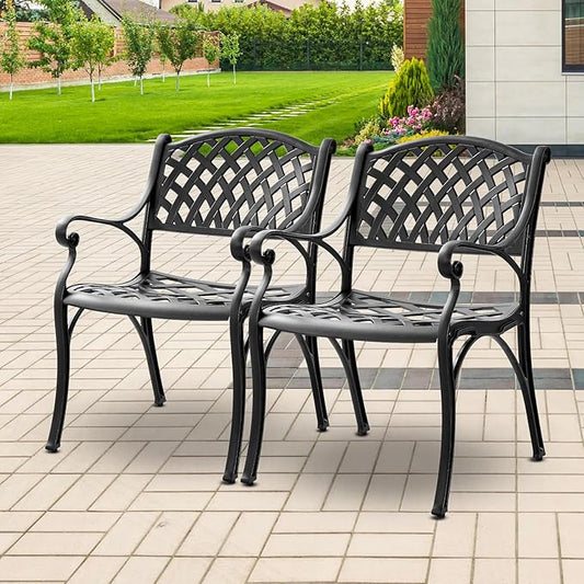Cast Aluminum Patio Chairs - Outdoor Patio Furniture, Metal Bistro Chairs Set of 2 with Armrest, All Weather Patio Dining Chairs for Garden, Yard, Black